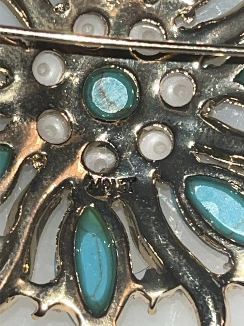 Vintage MONET Turquoise & Faux Pearl Statement Brooch Pin 2”